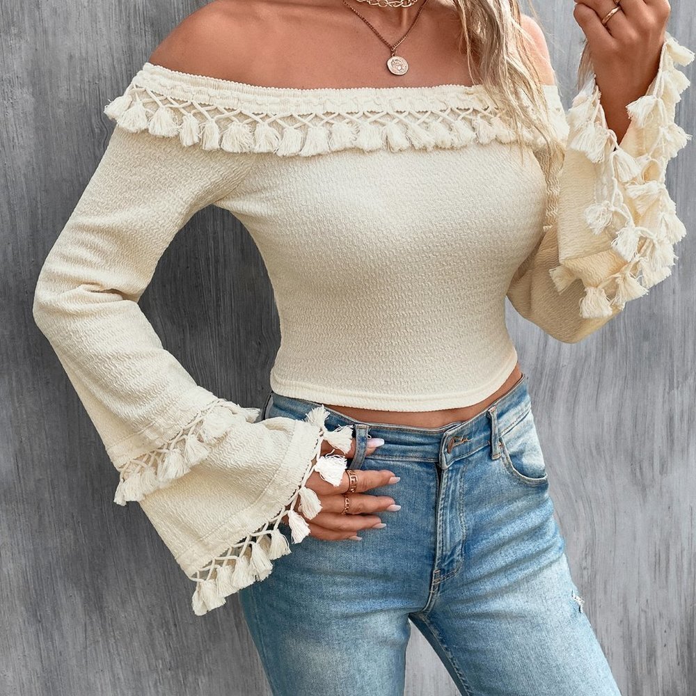 Apricot Boho Womens Off Shoulder Fringe Trim Flounce Sleeve Blouse - Picture 4 of 5